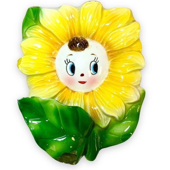 Vintage Anthropomorphic Sunflower Wall Pocket Japan