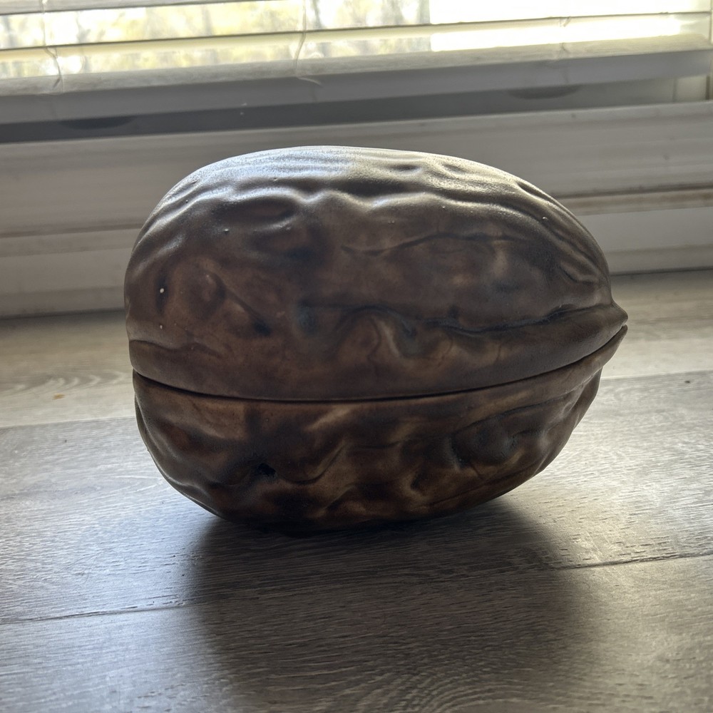 Vintage Ceramic Walnut Shaped Snack Candy Nut Dish With Lid