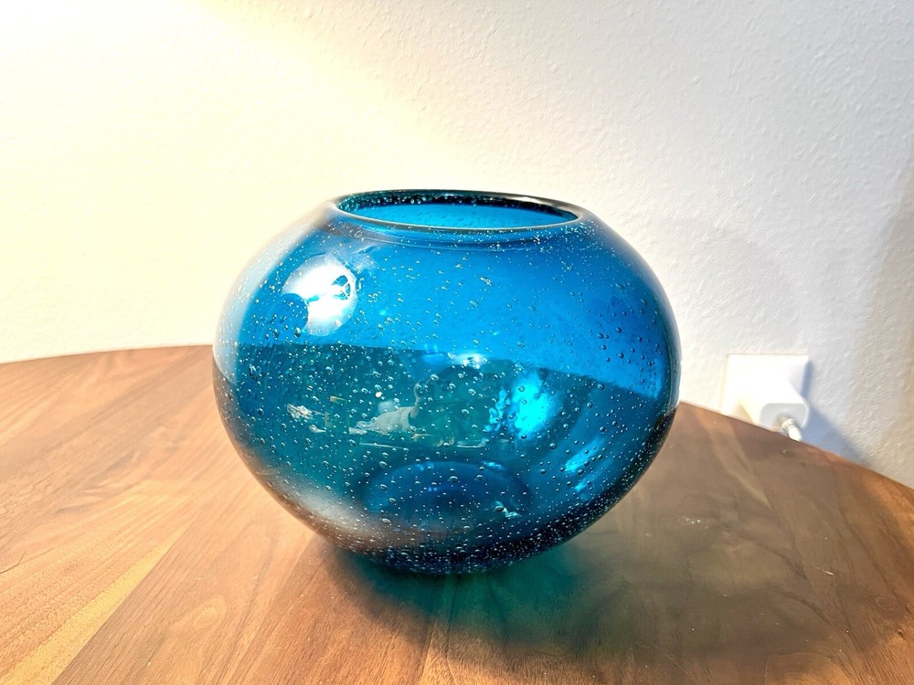 Vintage Murano Bullicante Glass Teal Blue Rotund Fish Bowl Vase