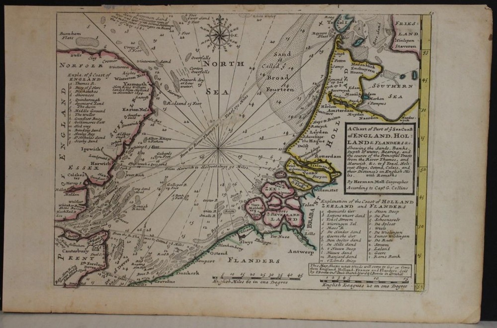 North Sea England Netherlands 1729 Moll Unusual Antique Original Sea ChartANTIQUE COPPER ENGRAVED MAP OF THE NORTH SEA 1729 MOLL
