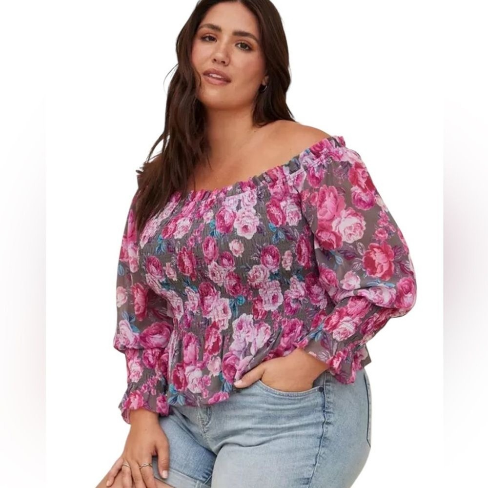 Torrid Crinkle Chiffon Smocked Waist Off Shoulder Crop Top Floral Womens 5X NEW