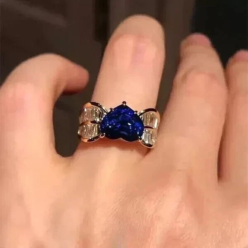 3 Ct Heart Cut Simulated Sapphire Wedding Halo Band Ring 14k Yellow Gold Plated