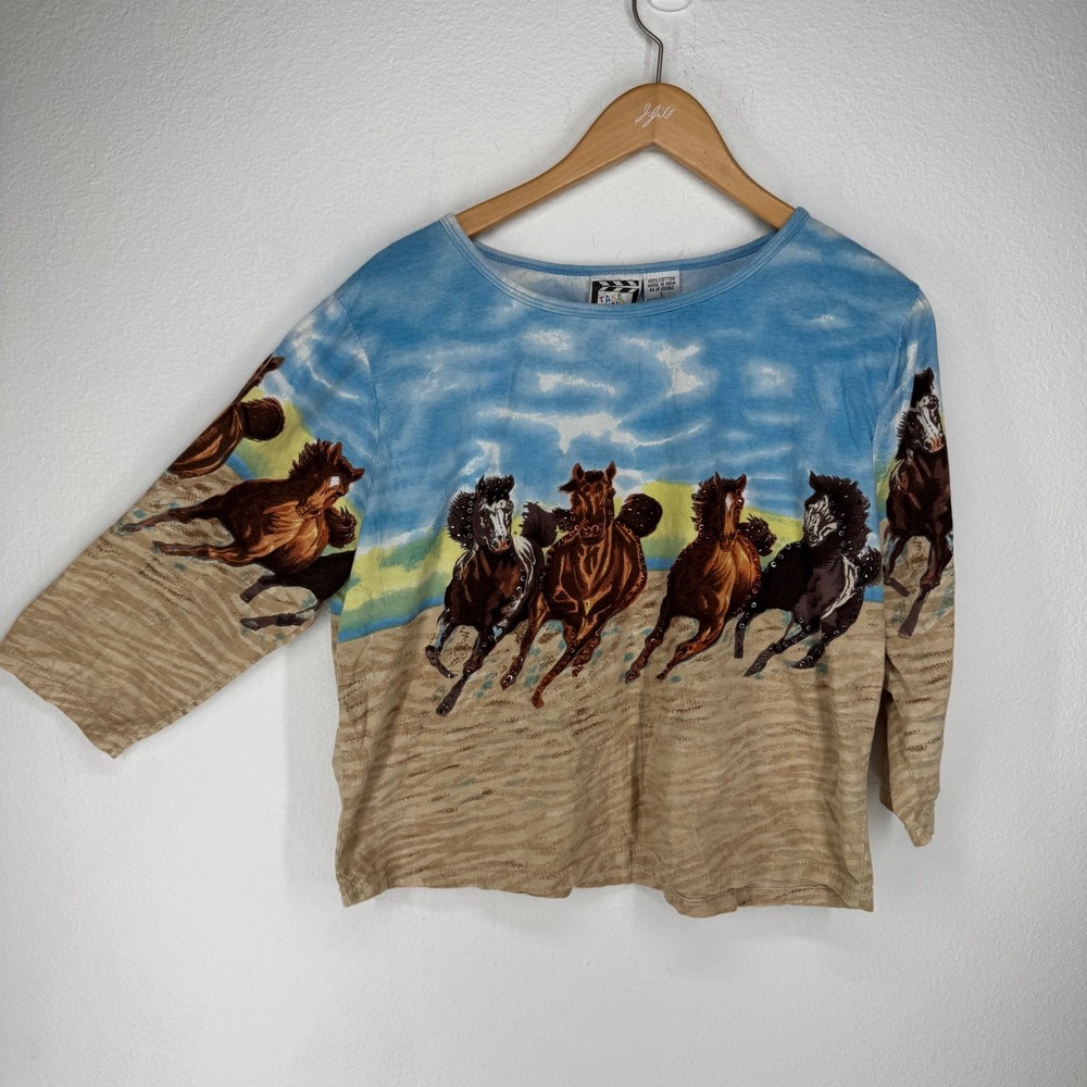 Vintage Horse Graphic Beaded Top Watercolor Large All Over Equestrian Cowgirl
