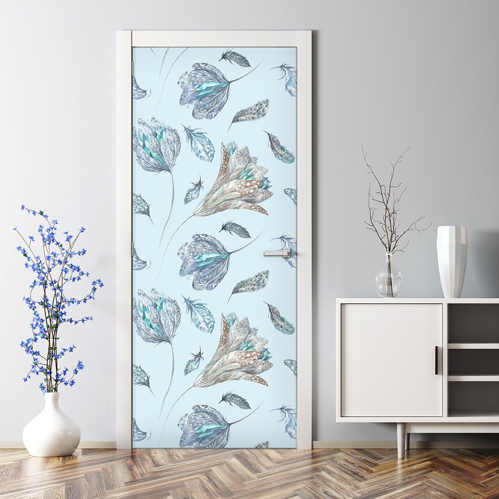 Feather Flowers Bubble Free Door sticker blue and golden Decal peel and stick