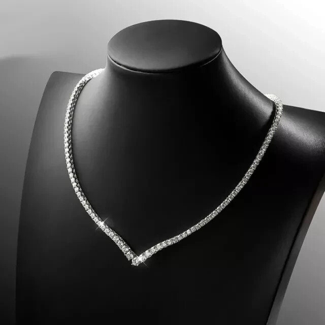 Lab Created Diamond V-Shaped Tennis Necklace Women 14K White Gold Plated