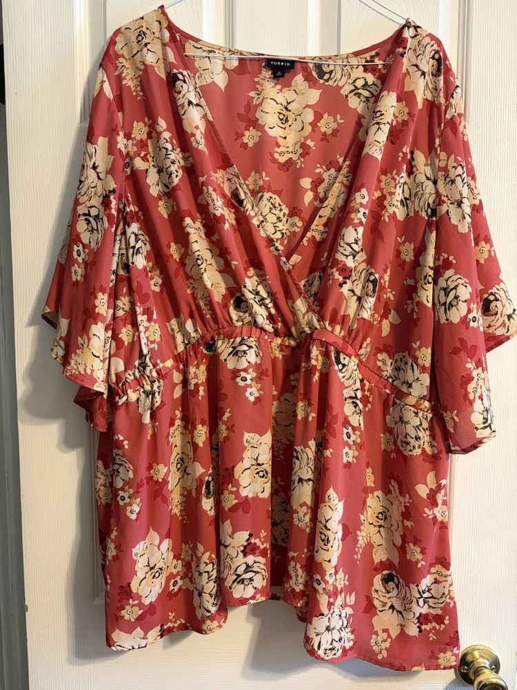 Torrid Floral Blouse Torrid 5 Pink Coral Chiffon Kimono Wide Sleeve Flowy Top