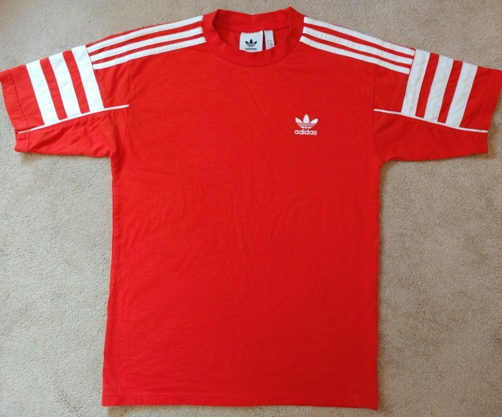 Vintage Adidas Red 3 Stripe Trefoil T-Shirt - S - RARE Sleeve Stripes