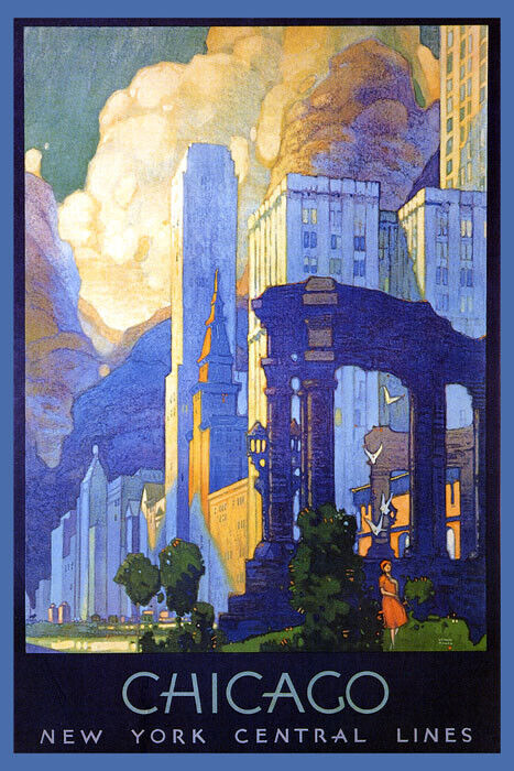 BUILDINGS CHICAGO NEW YORK CENTRAL LINES TRAVEL USA VINTAGE POSTER REPRO