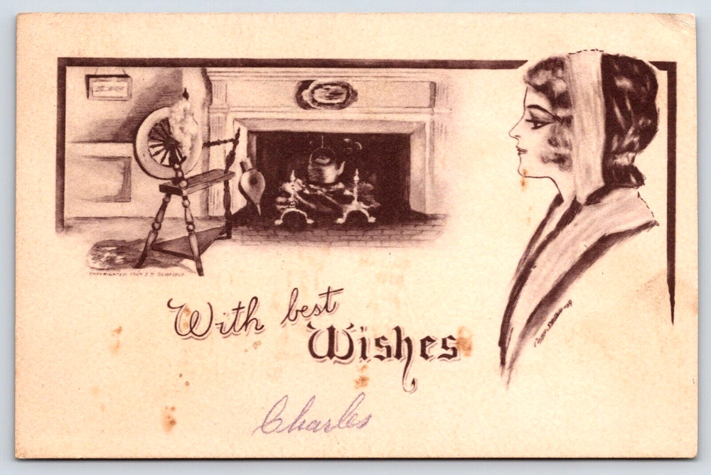 Vintage Old Antique Postcard Best Wishes Fireplace Spinning Wheel Girl Lady