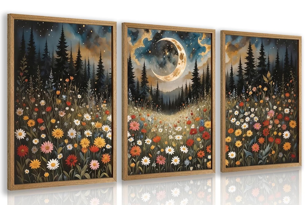 Boho Moon Forest Wall Art Wood Framed Set of 3