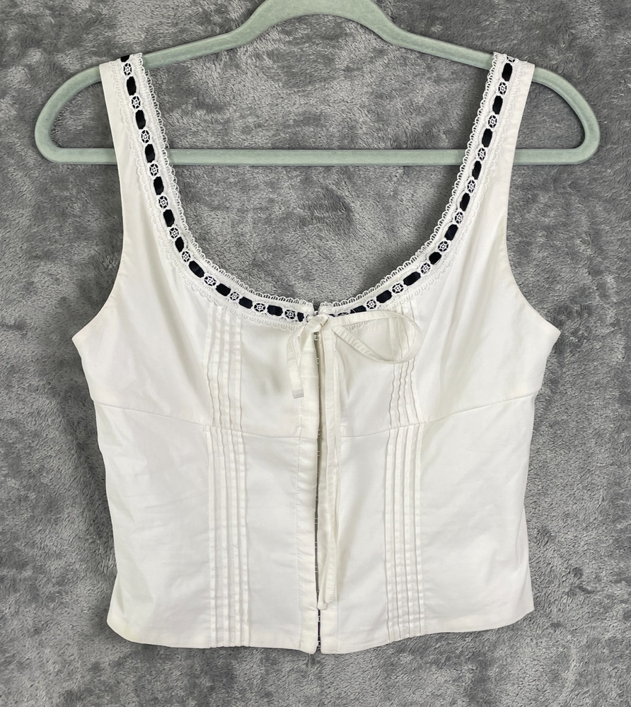 Corset Top Women’s Large L White Coquette Milkmaid Lace Ribbon Trim Pintucks