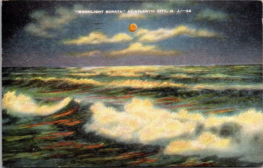 Moonlight Sonata Atlantic City NJ Postcard Vintage 1930s Ocean Seascape