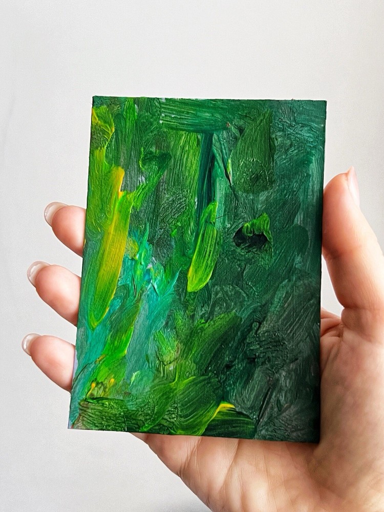 Abstract Green Acrylic Small Painting for Bookshelf Decor Original Outsider Art-image