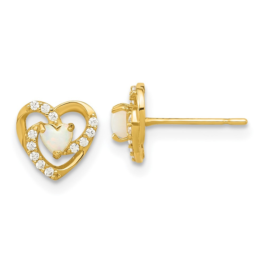 14k Yellow Gold Lab-Created Opal Cubic Zirconia Heart Stud Earrings 0.74g