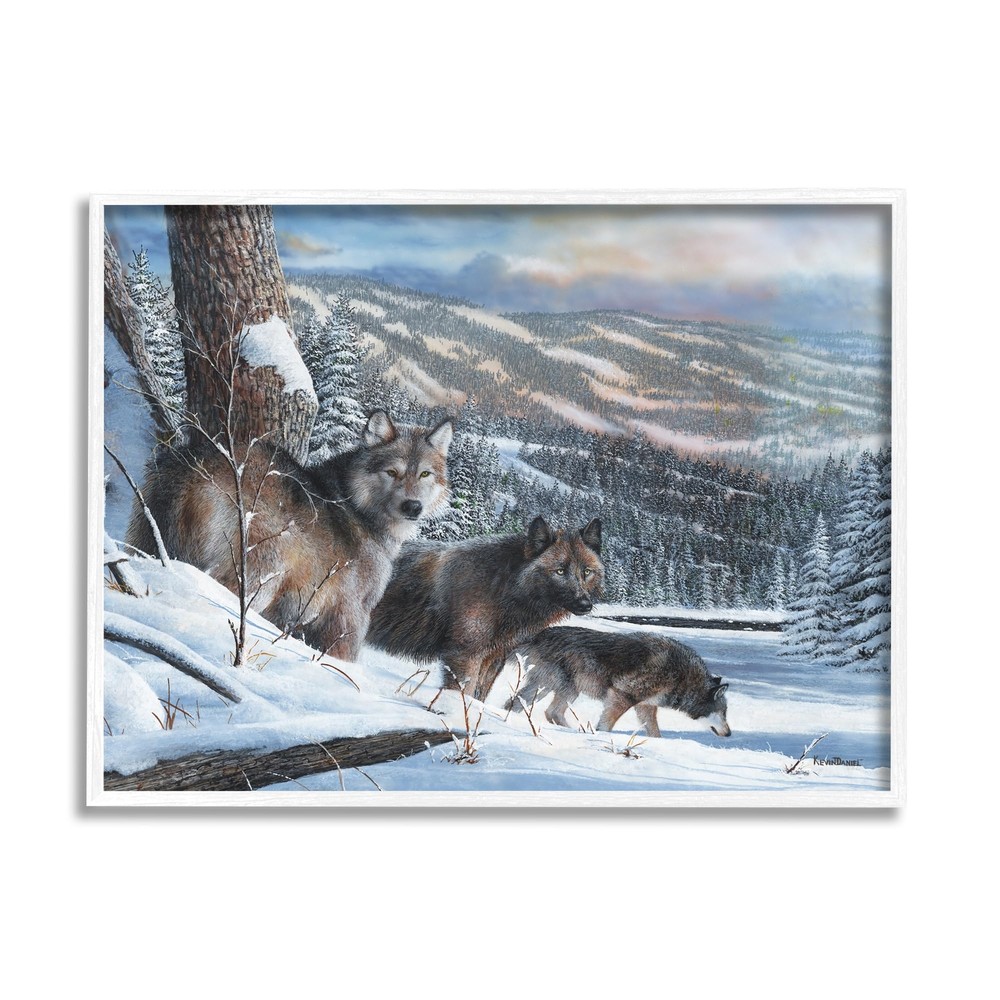 Wolves in Snowy Mountain Landscape White Framed Giclee Art Design by Kevin Da...