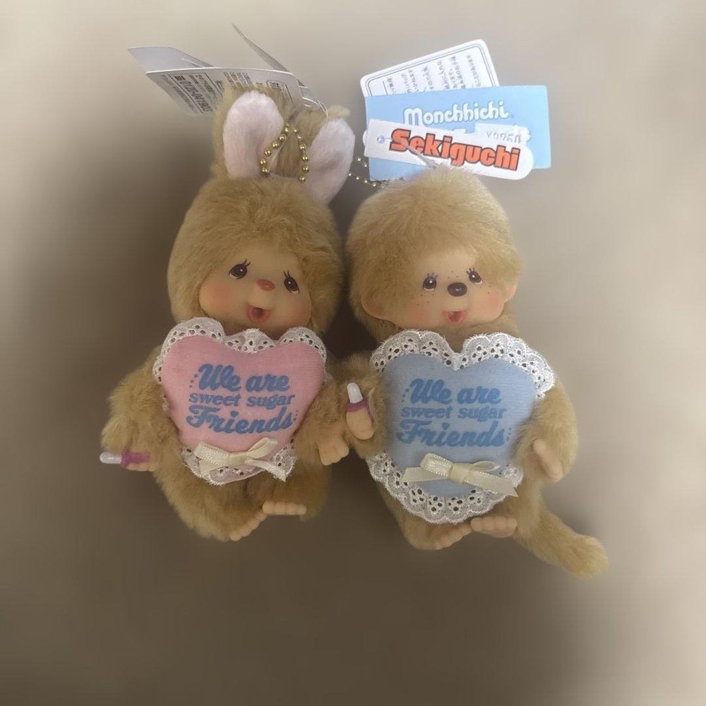 Two Monchichi Chimutan keychain with tag, sweet sugar #883a60