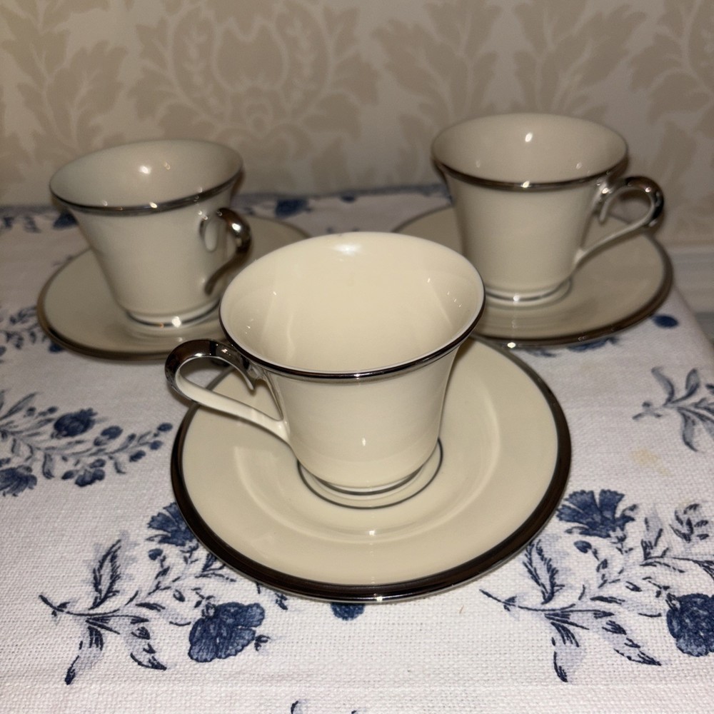 3 LENOX Solitaire Dimension Ivory Cups And Saucers with Platinum Trim New