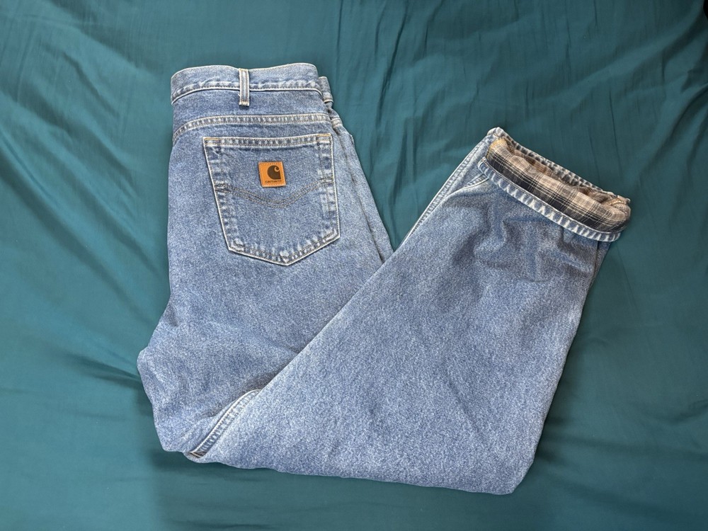 Carhartt Carpenter Pants Mens 36x32 Blue Flannel Plaid Lined Insulated Workwear