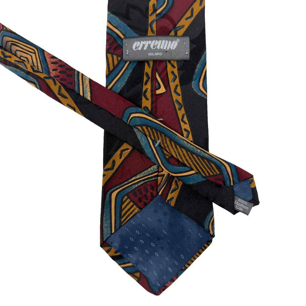 Erreuno Milano Silk Tie Abstract Geometric Black Burgundy Teal Italy 56.5x3.75