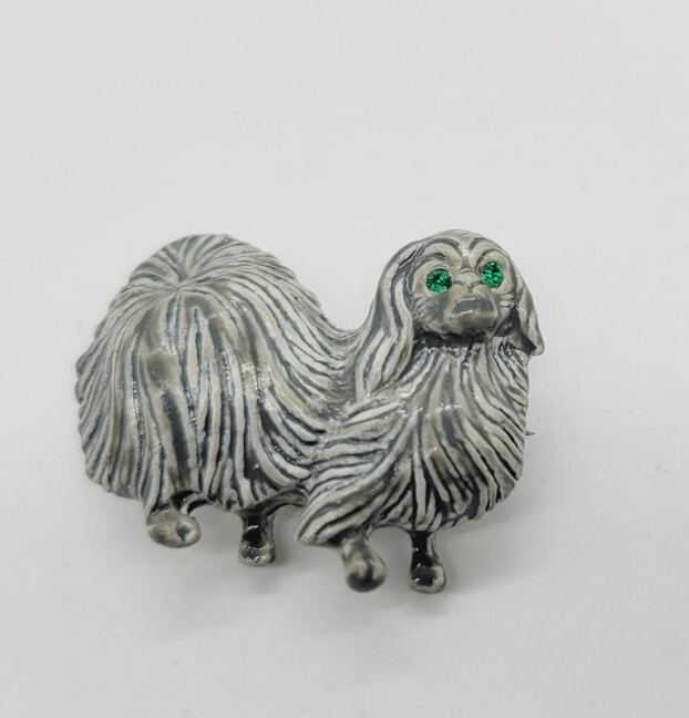 Shih Tzu Dog Brooch Pin Rhinestone GREEN Eyes signed Gerry's Vintage