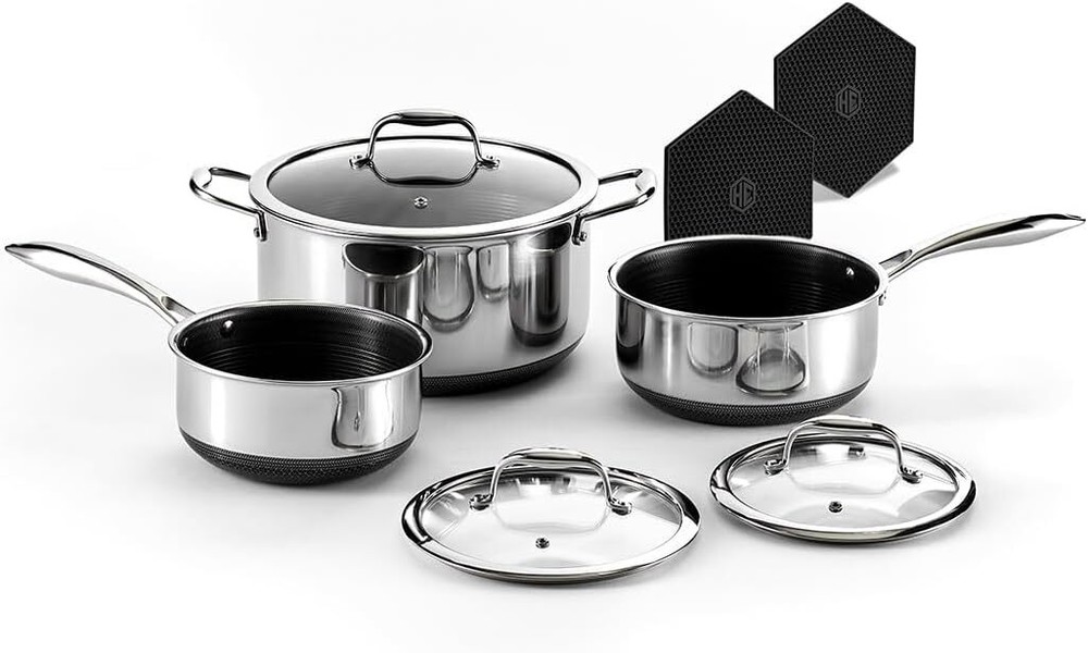HexClad Hybrid Nonstick 6-Piece Pot Set + Trivets, Silver