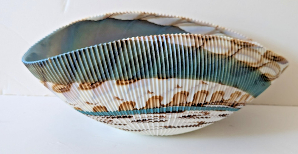 Murano Shell Glass Bowl Ivory Blue Chocolate Iridescent 17