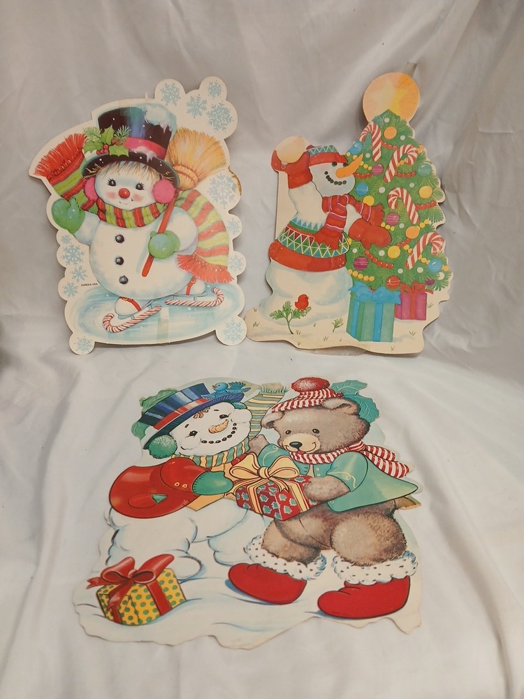 Christmas Vtg Double Sided Die Cut Cardboard Decorations Set Of 3 Eureka SNOWAN