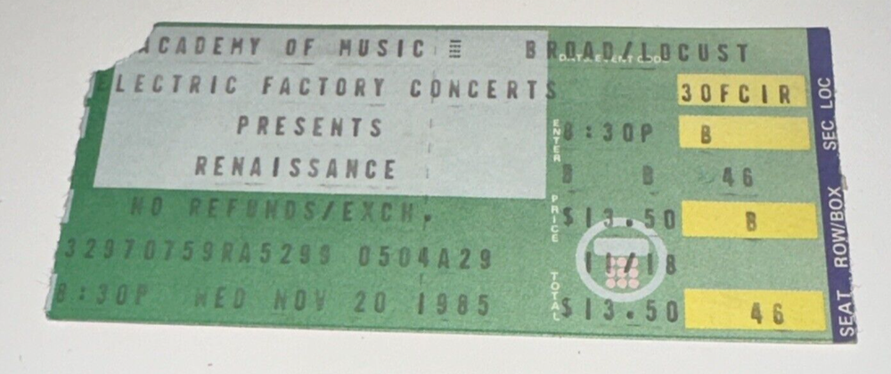 11/20/85 Renaissance Electric Factory Concert Ticket Stub Academy of Music-image