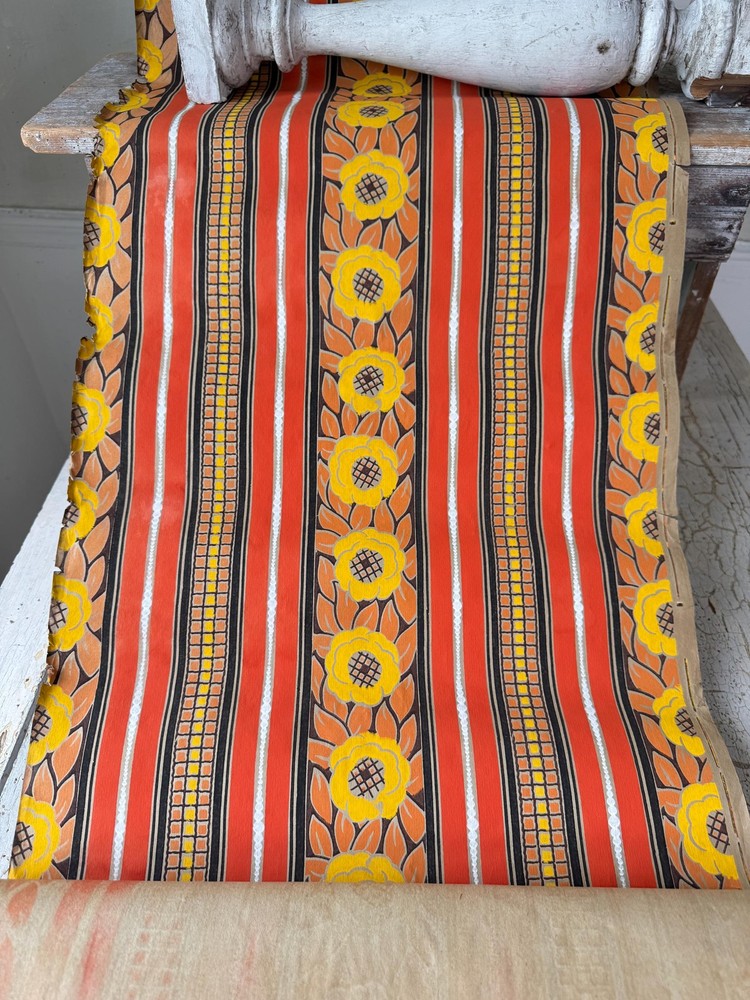 1.8yds Vintage French Wallpaper Roll 1920s Orange Yellow Floral Stripe Art Deco