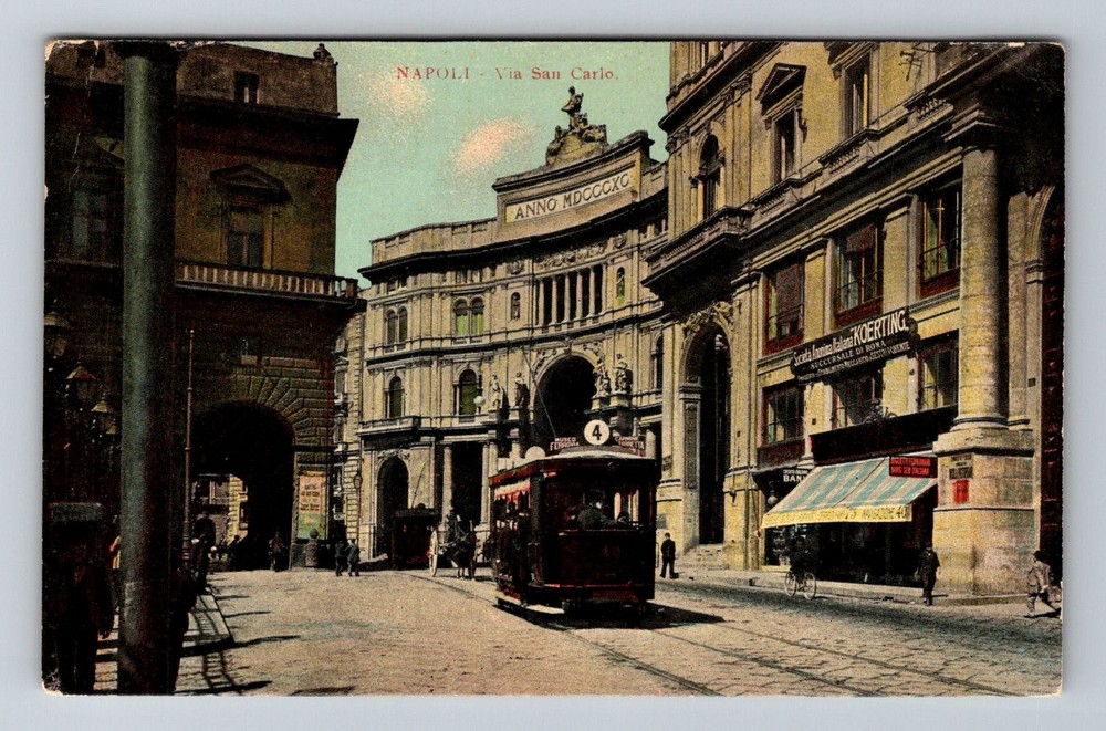 Italy- Naples St. Charles Street Trolley Historic Buildings Old Vintage Postcard