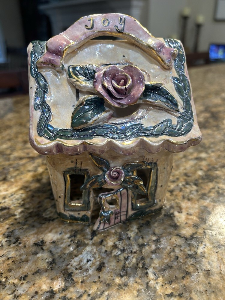 Blue Sky Clayworks Heather Goldminc 2002 JOY Rose Cottage Tea Light Candle Hldr