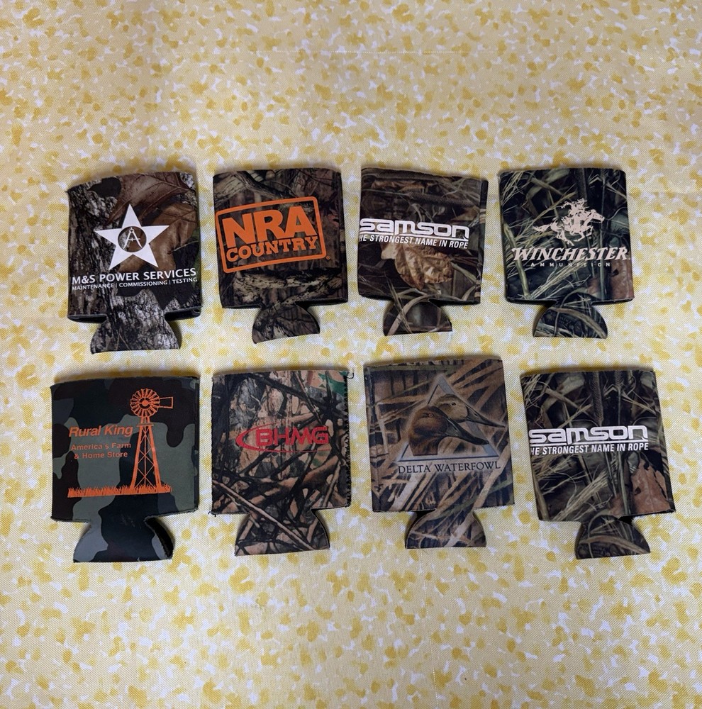 Lot of 8 Camouflage Insulated Can Coolers / Koozies/Coozies W/Misc. Logos