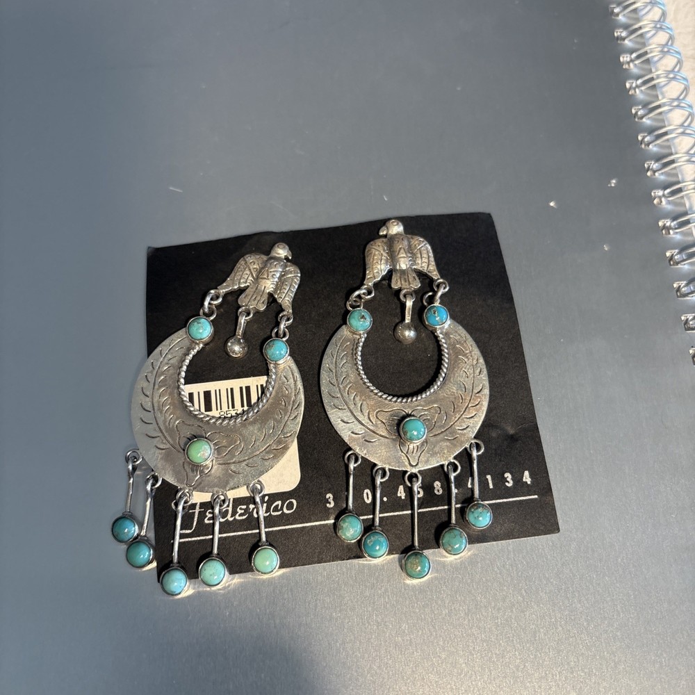 Federico Jiménez Thunderbirds & Turquoise Santa Fe Style Arracada Dangle Earring3.25”, 27 Grams