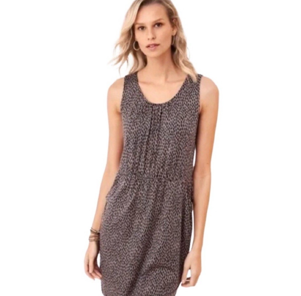 Garnet Hill Sleeveless Tank Dress Sz M Brown Animal Print Tencel Spandex Pockets