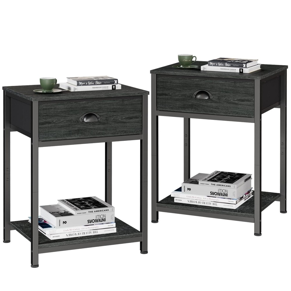 Nightstands Set of 2, Industrial End Table with Fabric Drawer&Storage Shelf, ...