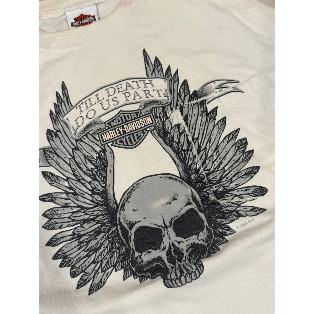 Harley Davidson Skull Wings Till Death Do Us Part Graphic T Shirt XL Cream Made