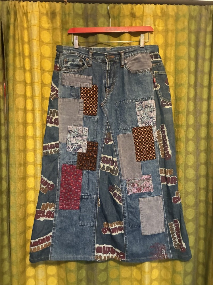 90s HYSTERIC GLAMOUR KINKY Mutlicolor Textile Patchwork Denim Midi Skirt M