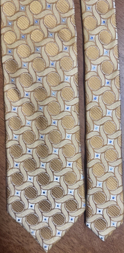 Ermenegildo Zegna Silk Tie Gold Blue Brown Beige Geometric Woven Men's