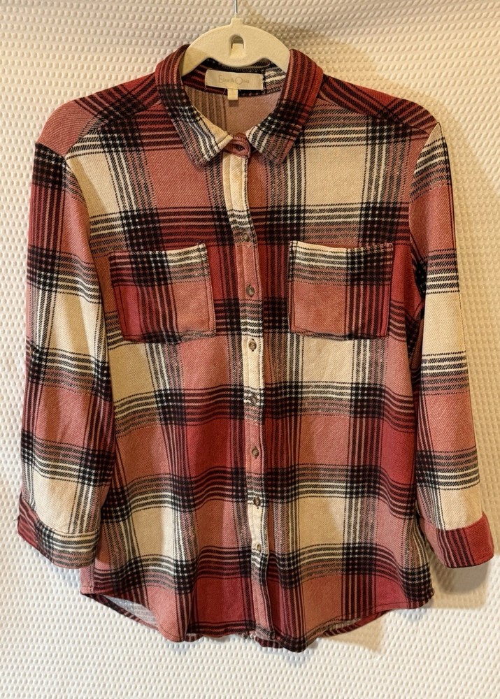 Eden & Olivia Plaid Flannel Roll Tab Sleeve Shirt Red Black Cream Women S