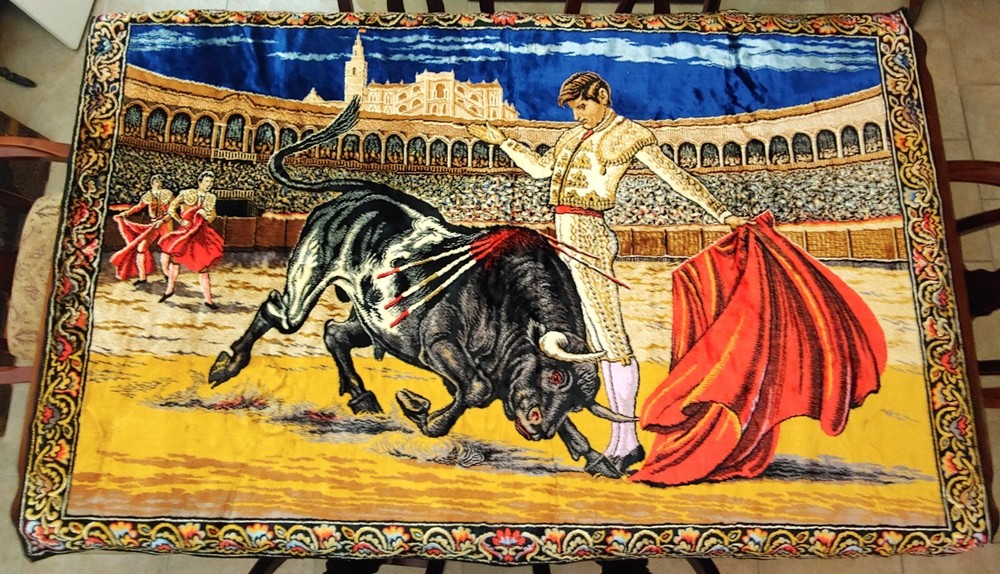 FROM ESTATE  Vintage Mid Century Bullfighter Matador Tapestry Rug 4’ x 6’ Italy