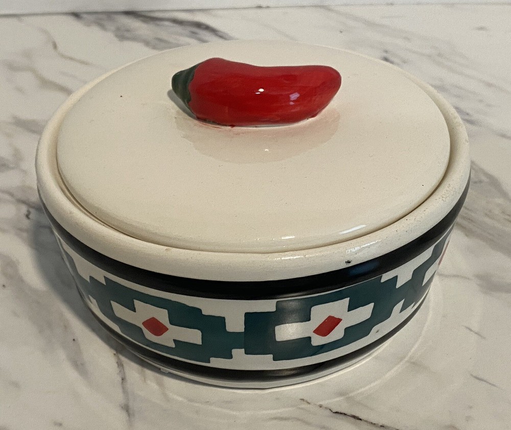 Red Pepper Dip Serving Dish Bowl w/Lid Southwest Taco Mexican Ceramic 5” Vintage