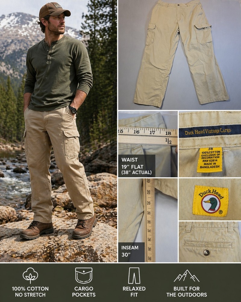 Duck Head Vintage Cargo Pants Mens 38x30 Khaki Tan 100% Cotton Workwear Outdoor