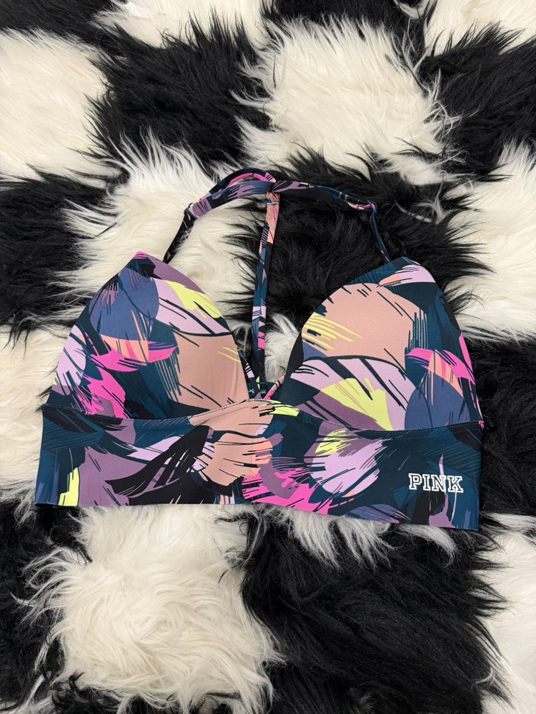 PINK Victoria's Secret Bonded Sports Bra Multicolor Abstract Racerback M