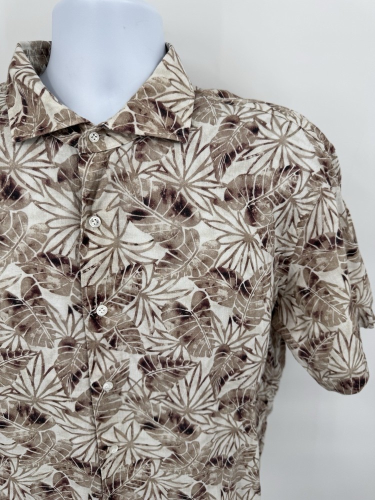 Peter Millar Crown Crafted Men's XL 100% Linen Hawaiian Shirt Brown Floral Golf