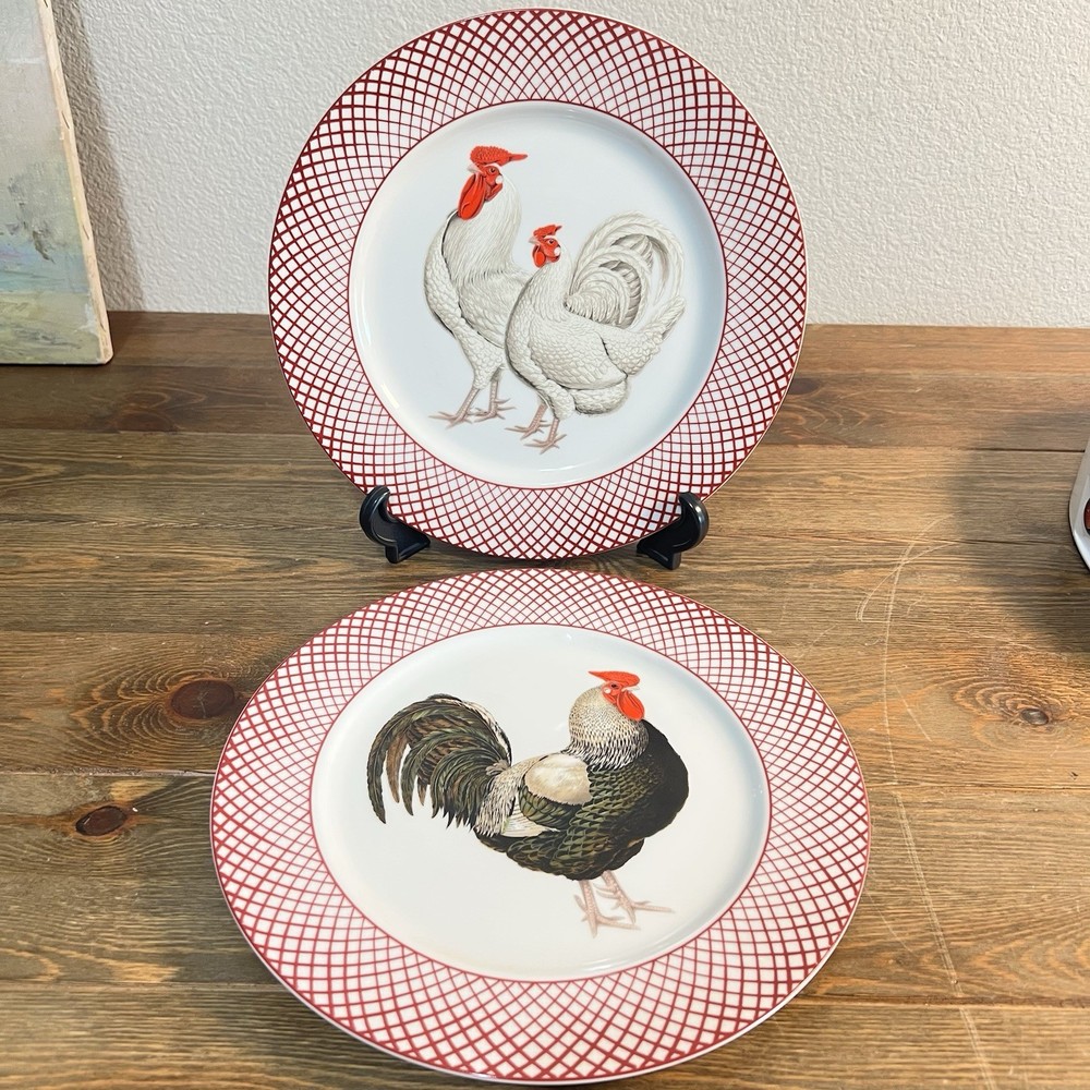 Haldon Group Devonshire Black Rooster & White Hen Dinner Plates Set Of 2