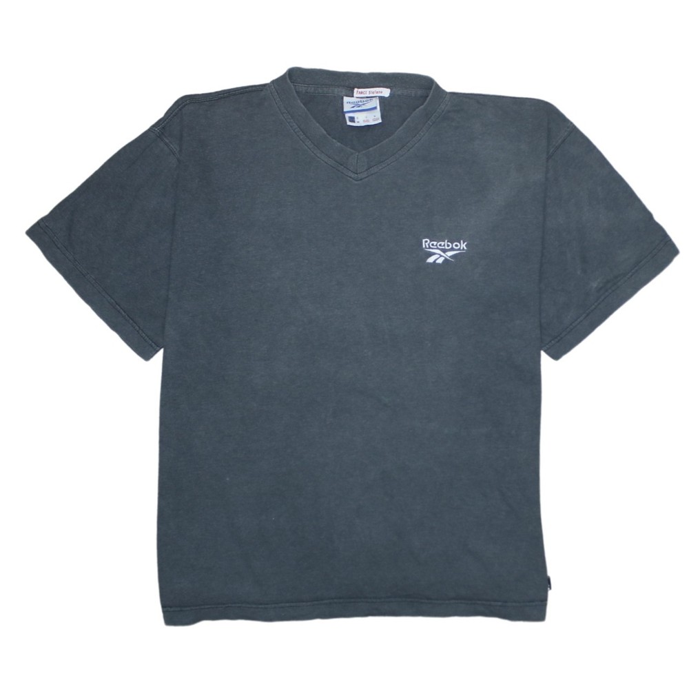Reebok Mens T Shirt Grey Faded V Neck Embroidered Chest Logo 90s Style Tee S