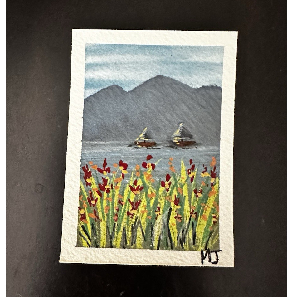 Original ACEO painting 3.5 x 2.5 landscape boats and flowers