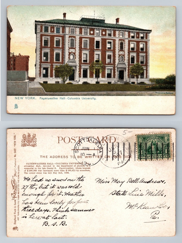 New York City NY, Fayerweather Columbia University Vintage c1907 Postcard