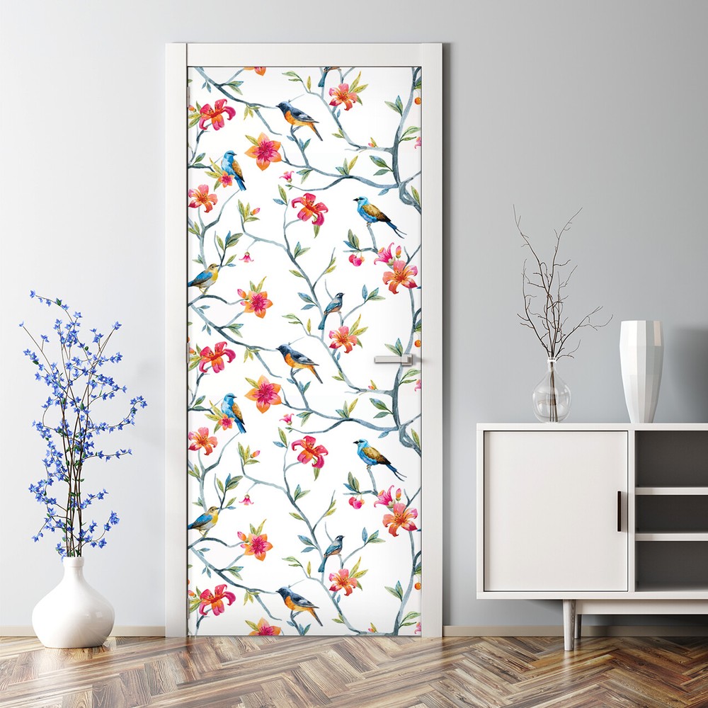 Adhesive Door sticker Spring Birds and flowers Watercolour painting Floral