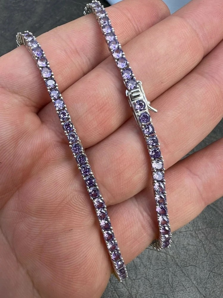 14K White Gold 18 Inch Mens Tennis Necklace with 16Ct Round Lab-Created Amethyst  